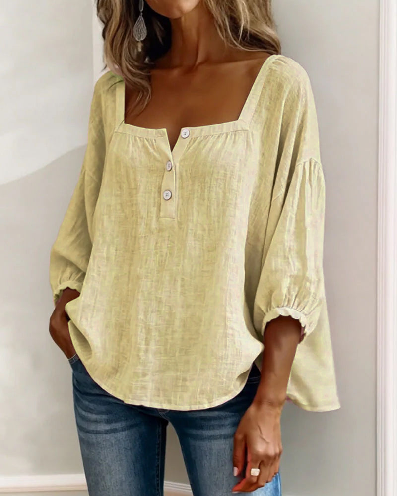 Blouse en coton et lin pour femme à col carré et manches trois-quarts