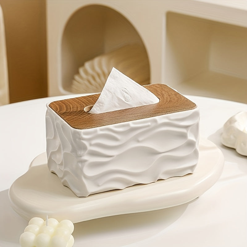 Textured Tissue Box Cover with Wood-Effect Top