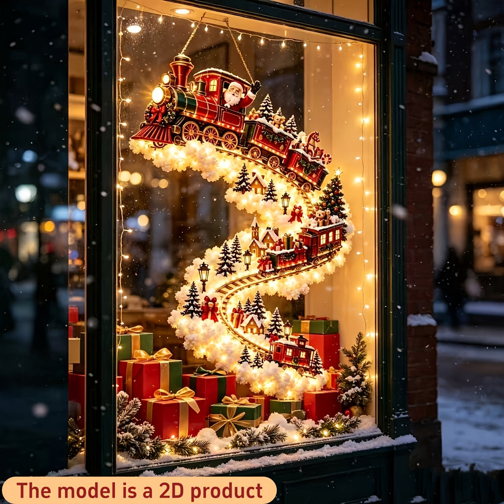 Beleuchtete Weihnachtszug-Wanddekoration mit dem Weihnachtsmann und festlicher Dorfszene