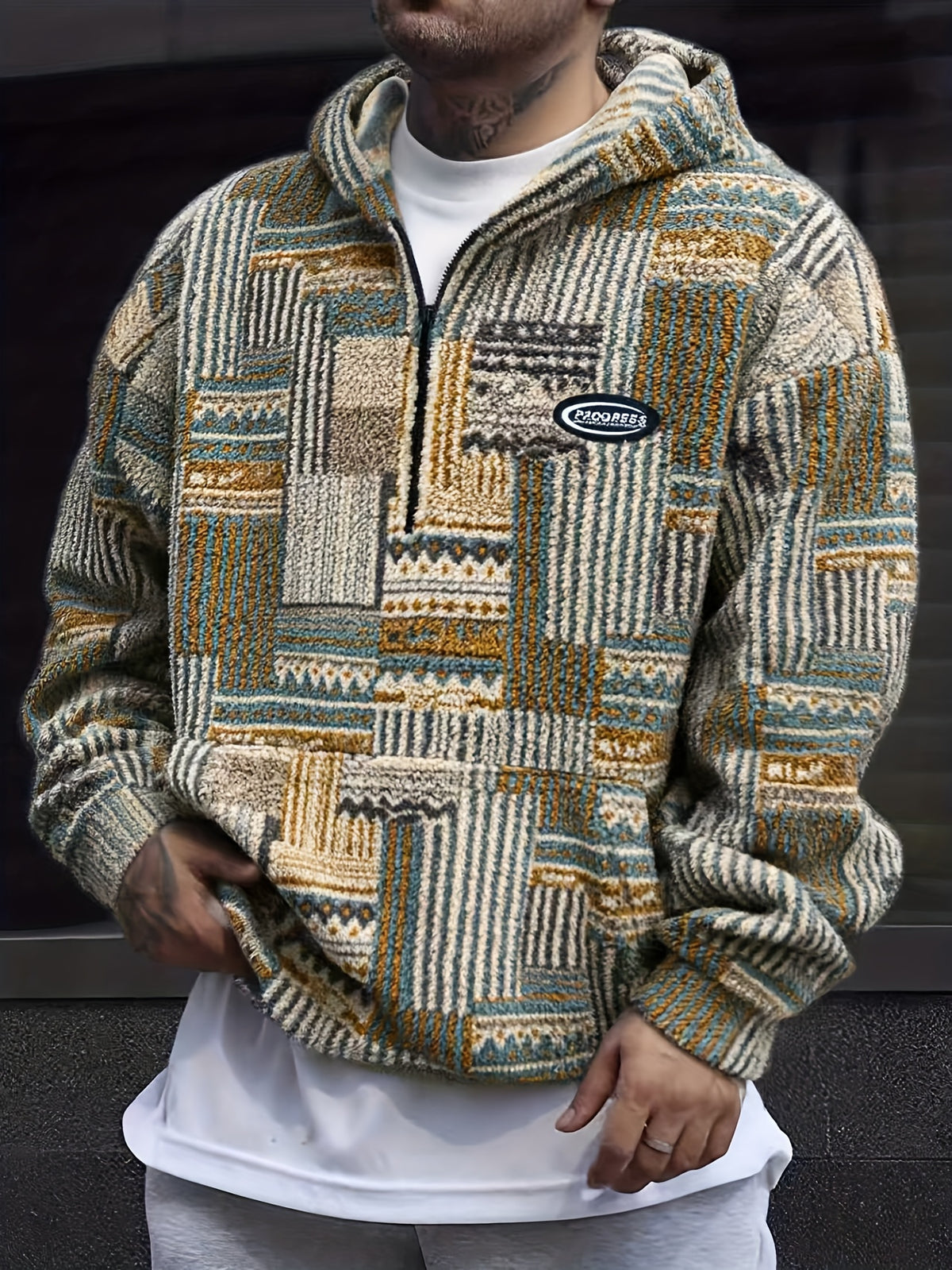 Men’s Geometric Pattern Hooded Pullover with Half Zip