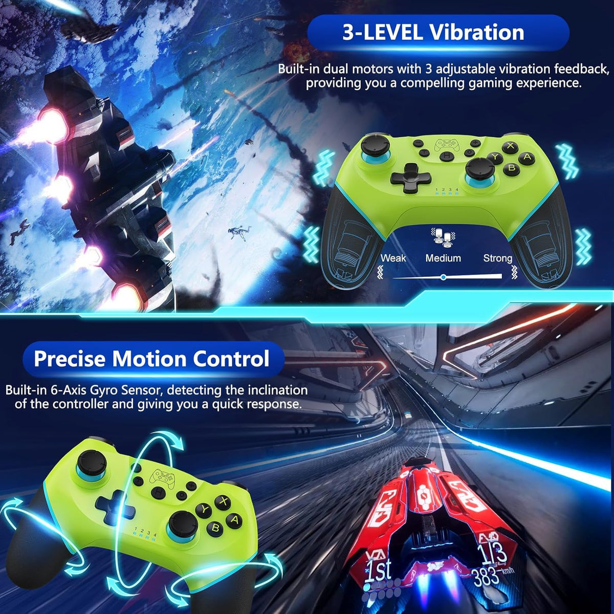 Control de juego ergonómico de estilo inalámbrico con dos joysticks y cable de carga USB