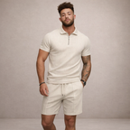 Herren-Set aus strukturiertem Polo und Shorts mit Halb-Reißverschluss-Design