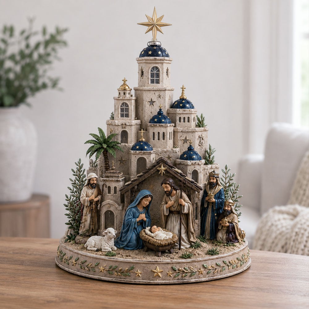 Decorazione natalizia con scena della Natività illuminata e ricchi dettagli religiosi