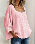 Blouse en coton et lin pour femme à col carré et manches trois-quarts