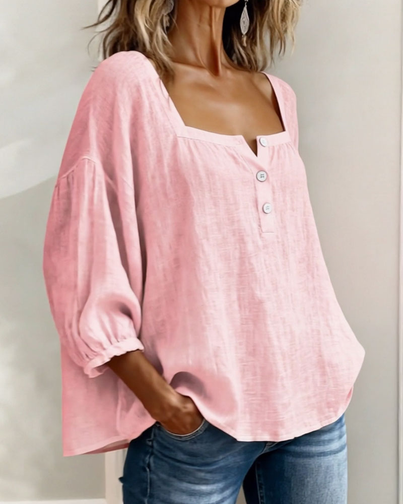 Blouse en coton et lin pour femme à col carré et manches trois-quarts