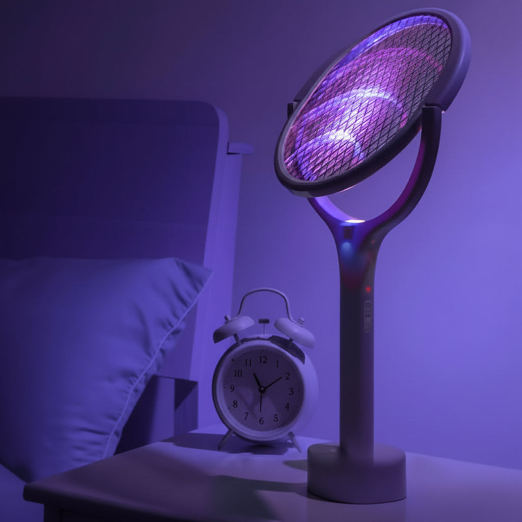 Genopladelig elektrisk myggeskræmmer med LED-lampe og justerbart hoved