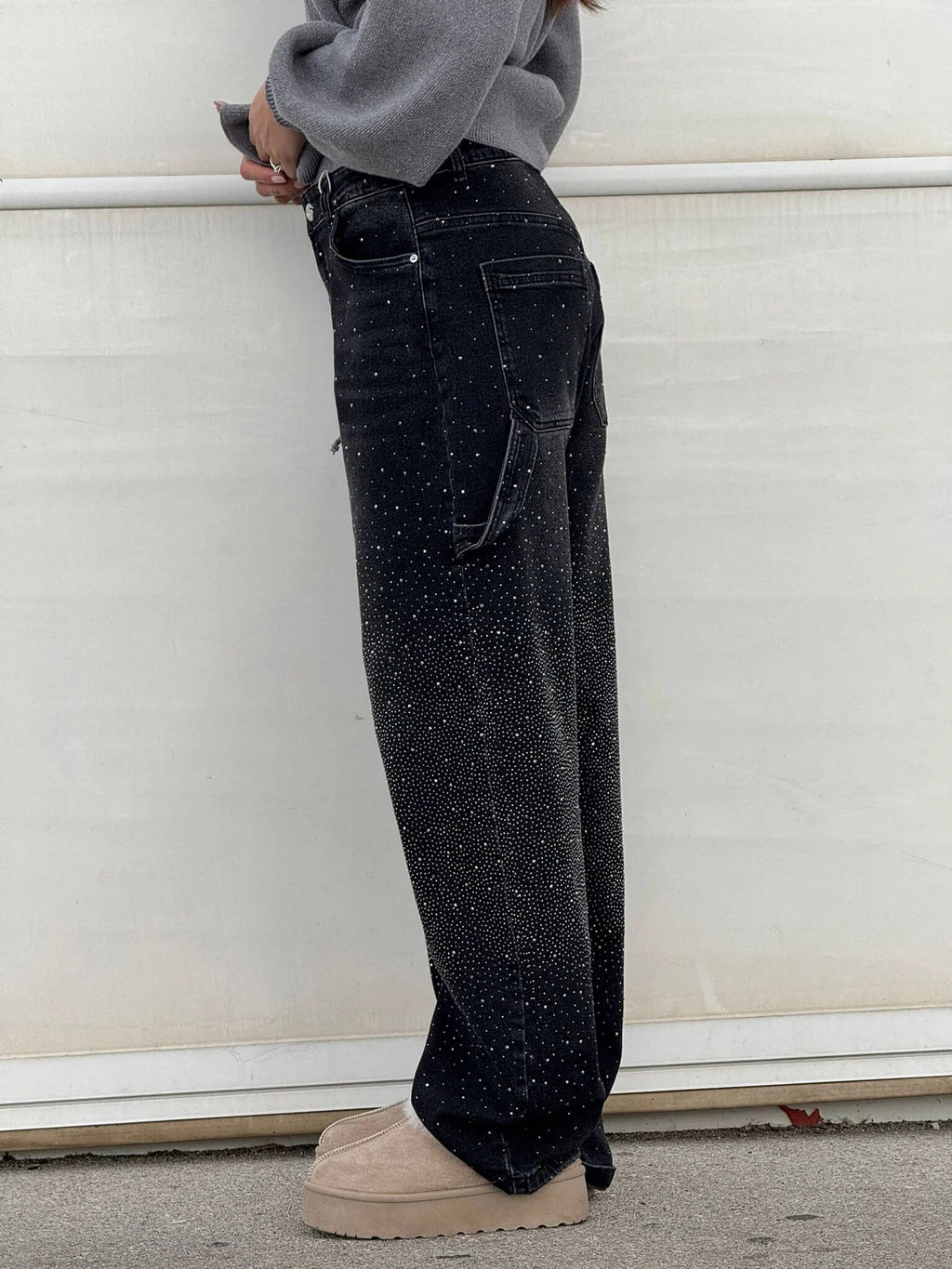 Women's High-Waisted Rhinestone Straight Leg Jeans with Sparkling All-Over Embellishment