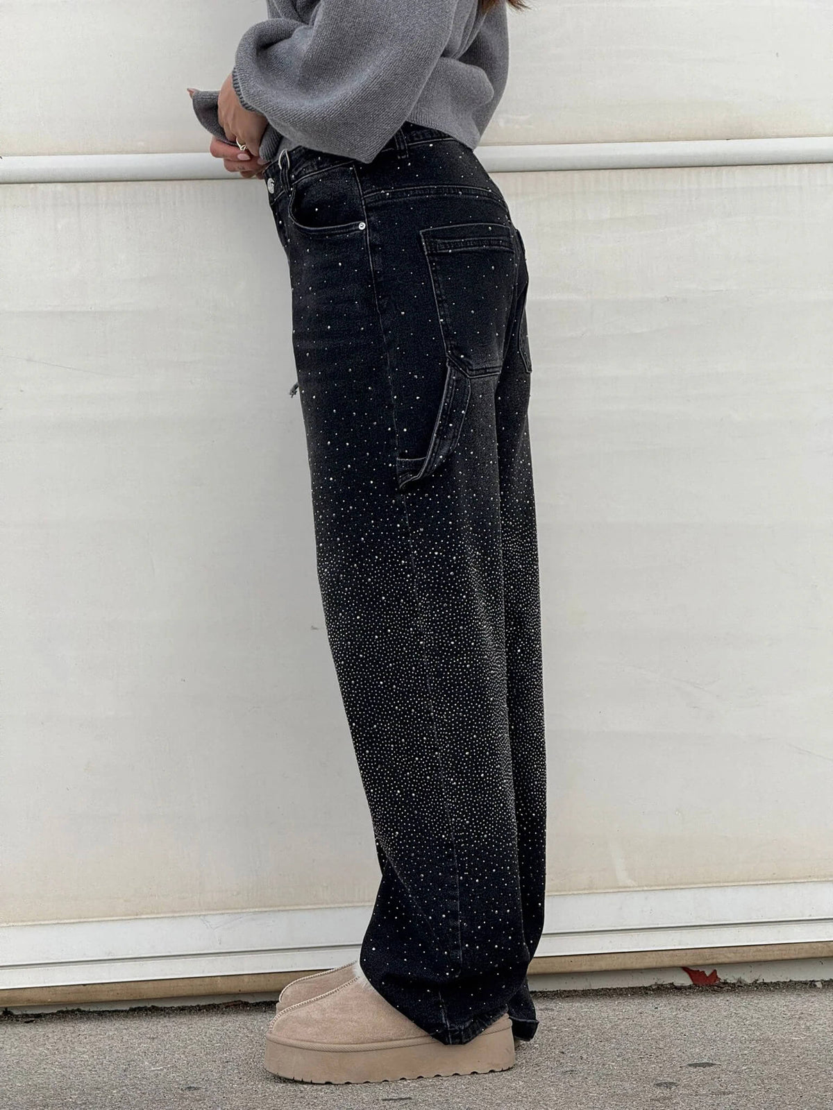 Women's High-Waisted Rhinestone Straight Leg Jeans with Sparkling All-Over Embellishment