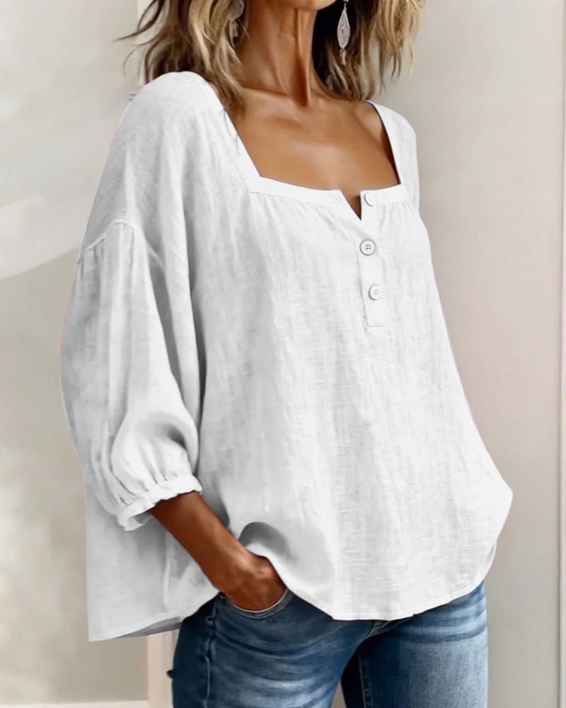 Blouse en coton et lin pour femme à col carré et manches trois-quarts