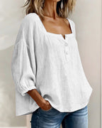 Blouse en coton et lin pour femme à col carré et manches trois-quarts