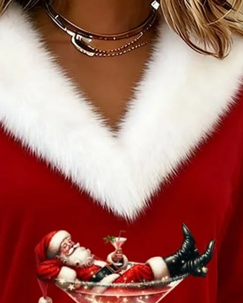 Women's Christmas Santa Print Top with Faux Fur Trim