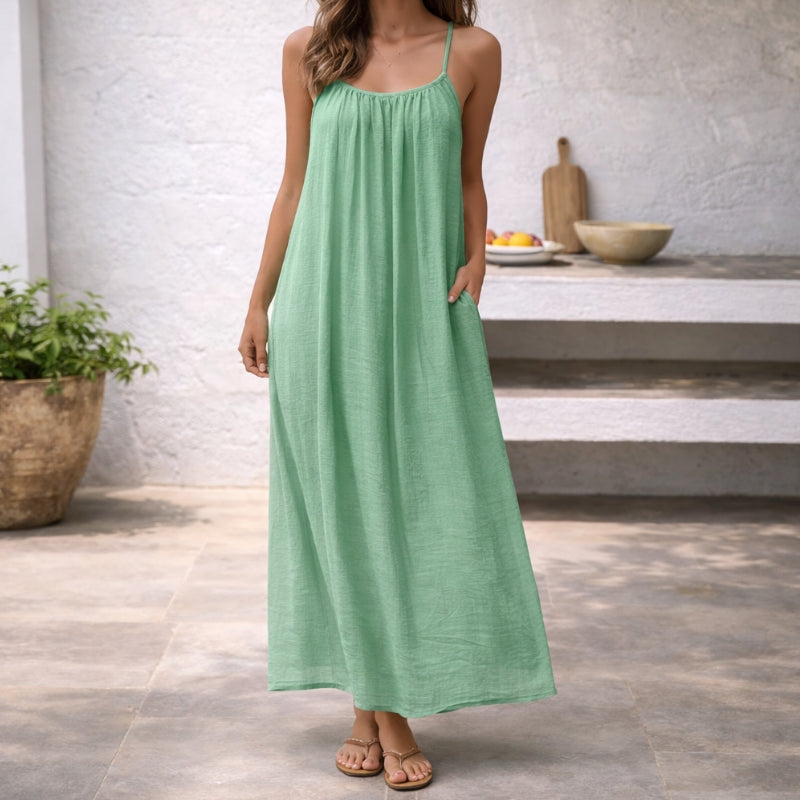 Robe maxi sans manches à bretelles spaghetti avec poches latérales pour femme
