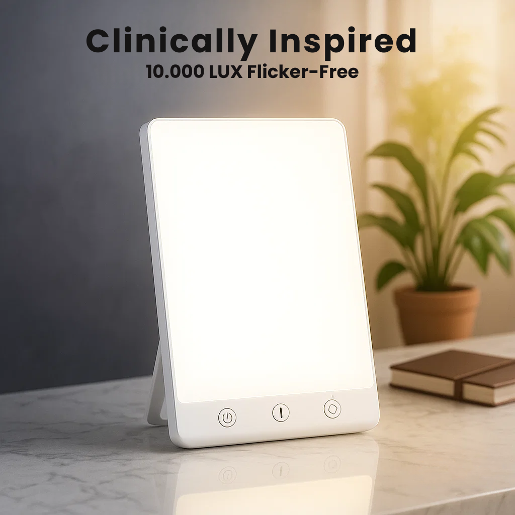 Lysterapi-lampe mod vinterdepression med 10.000 lux, justerbar lysstyrke og timer