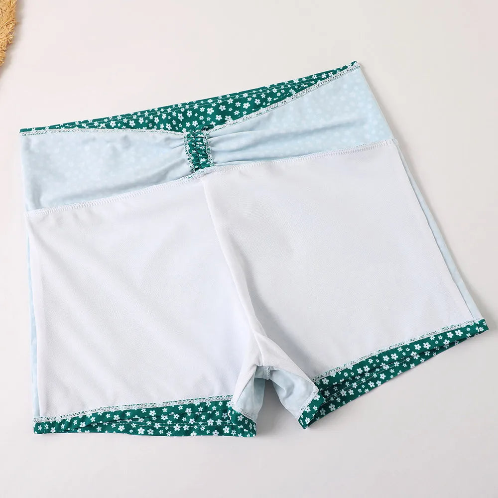 Kvinders blomsterprint tankini sæt med snøre-top og badeshorts