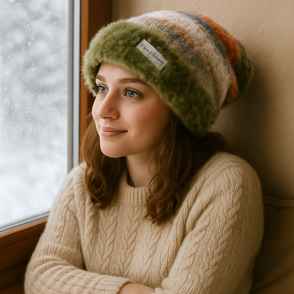 Striped Plush Slouch Beanie