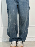 Women's High-Waisted Rhinestone Straight Leg Jeans with Sparkling All-Over Embellishment