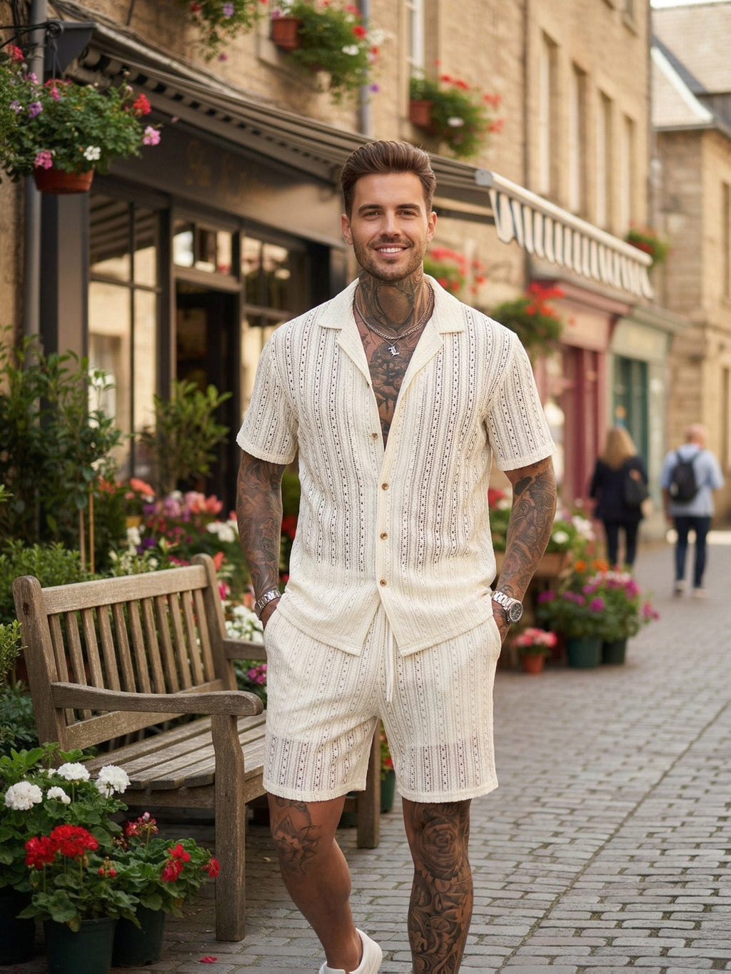 Camisa de resort abierta de punto con textura y botones para hombre