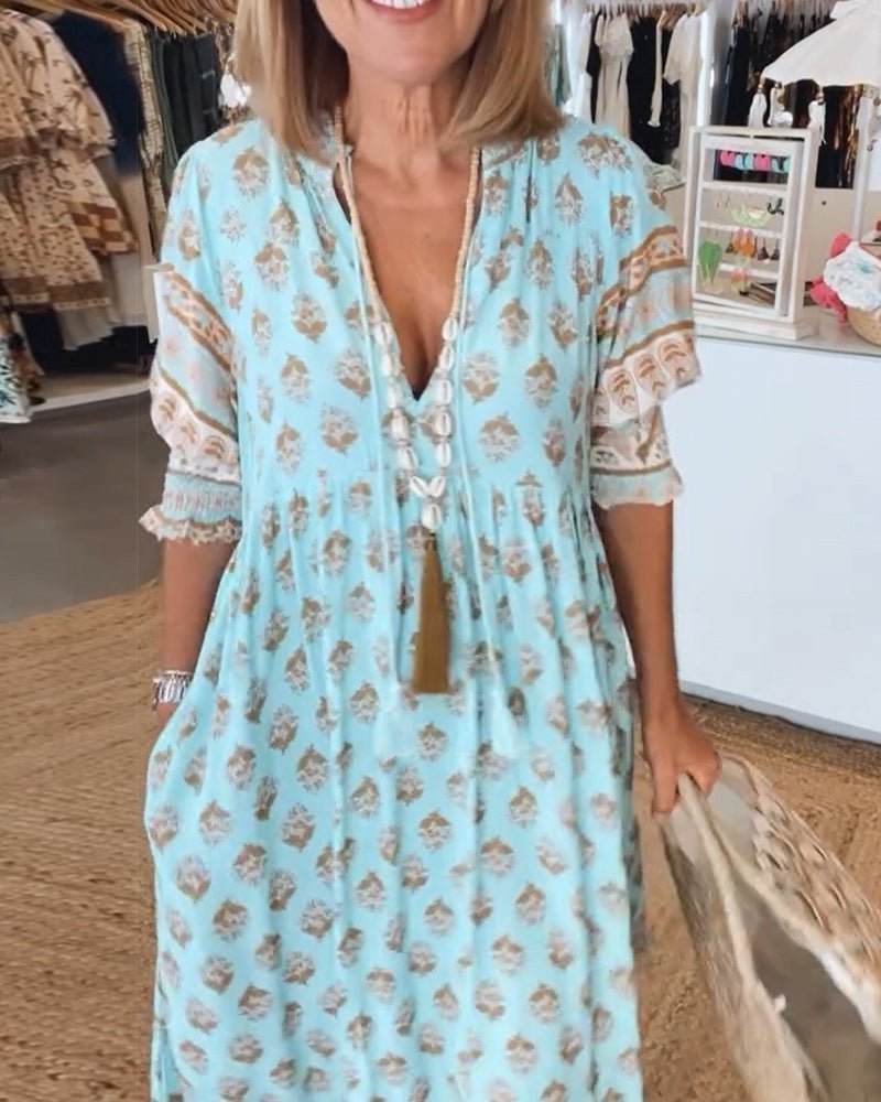 Robe maxi imprimé bohème pour femmes avec col à nouer à pompons