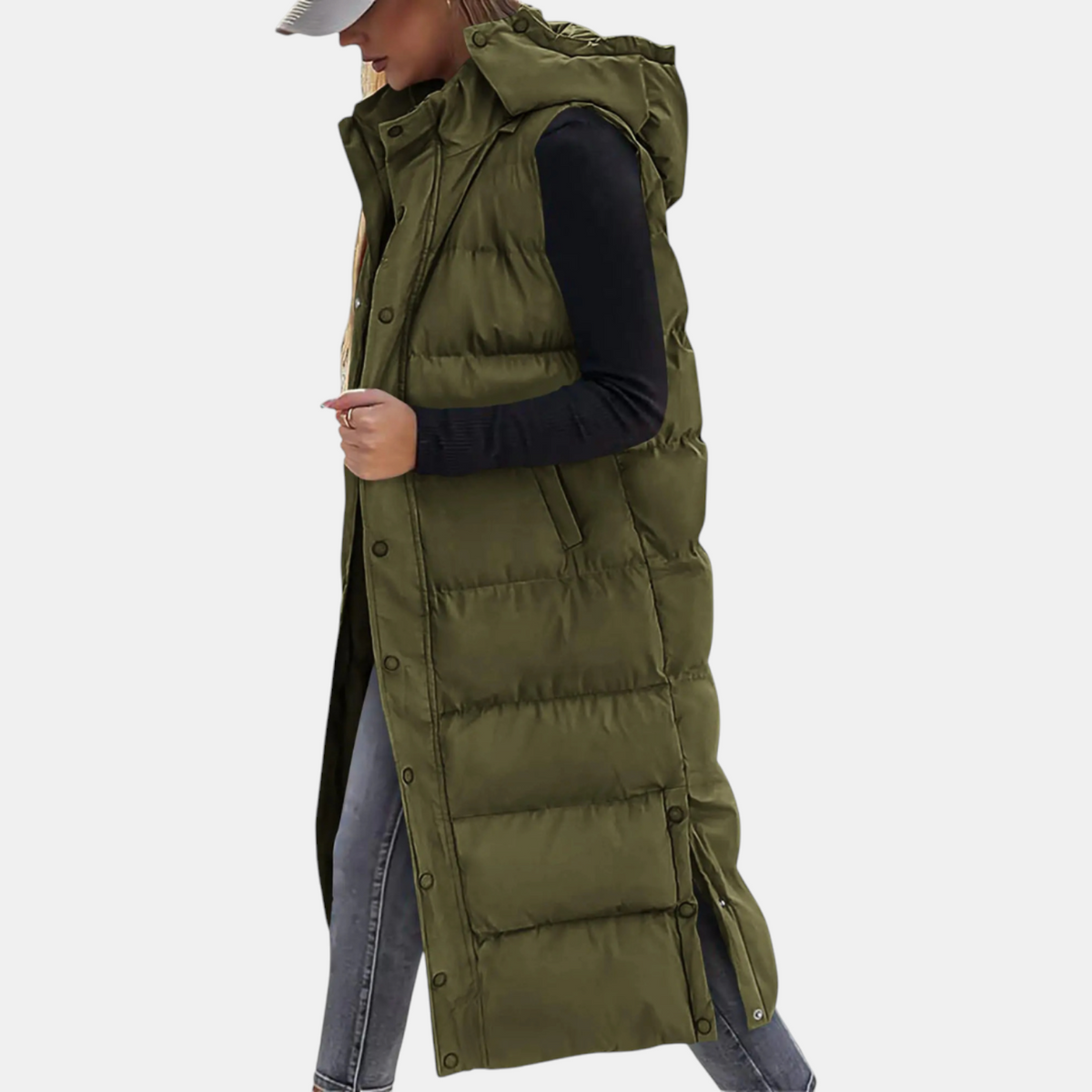 Women's Long Hooded Puffer Vest with Side Snap Buttons