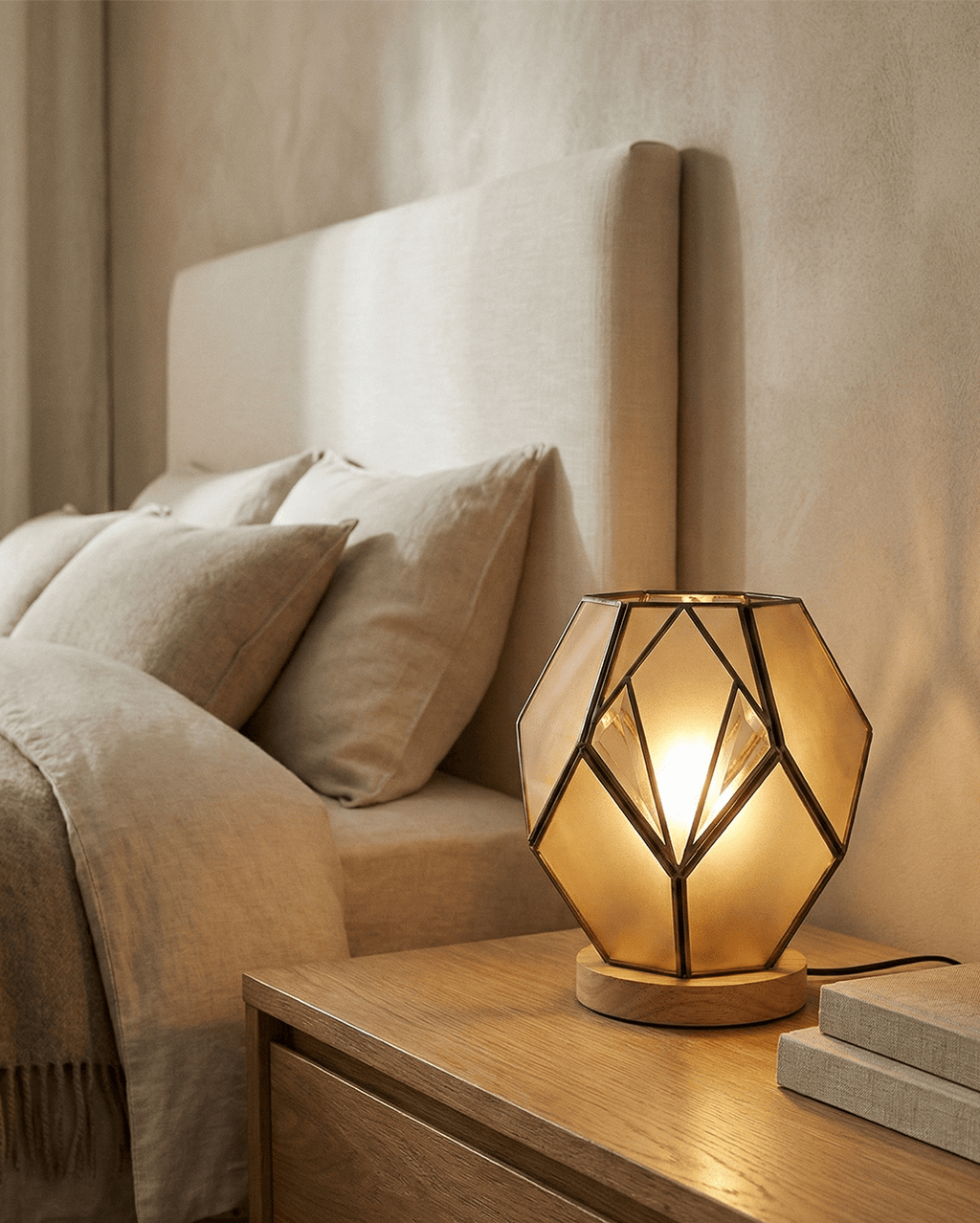 Geometryczna lampka stołowa z bursztynowego szkła