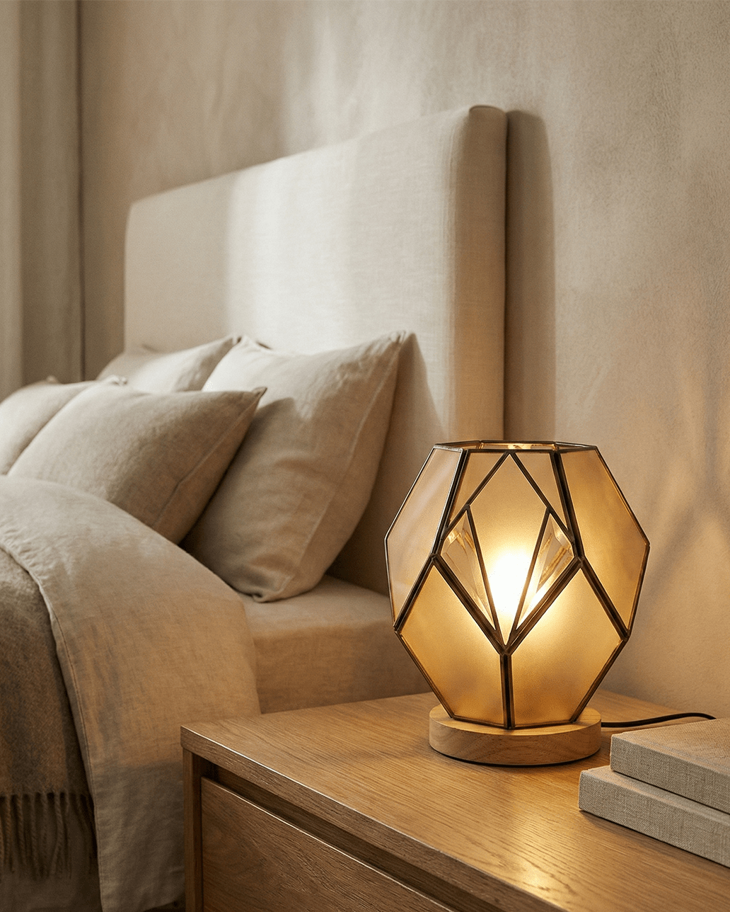 Geometryczna lampka stołowa z bursztynowego szkła