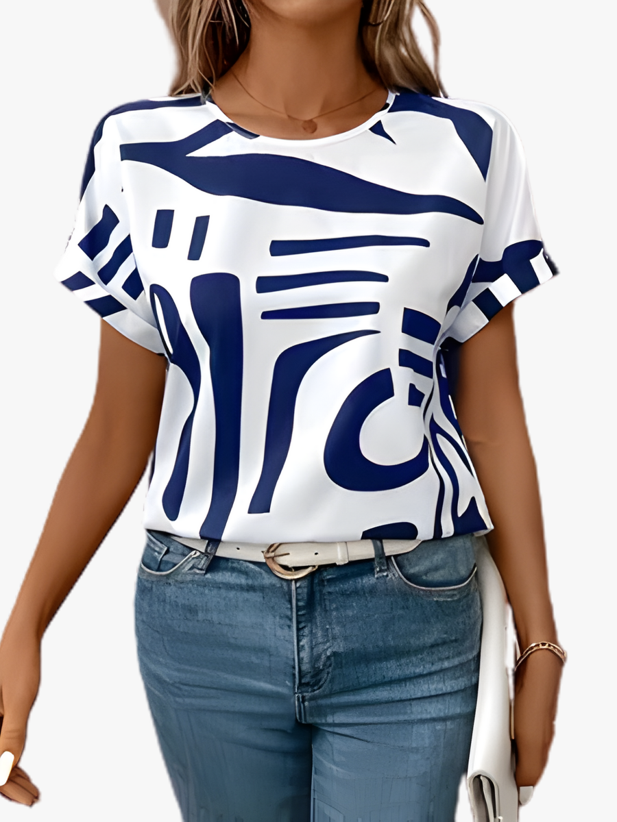 Women's Abstract Print T-Shirt with Round Neck and Short Sleeves