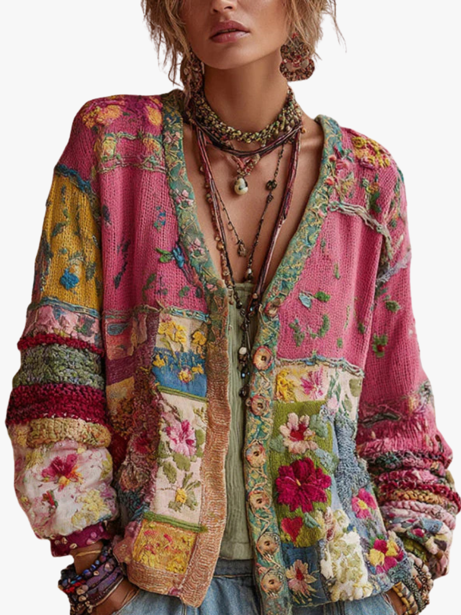 Cárdigan floral de mujer con cuello en V y botones frontales