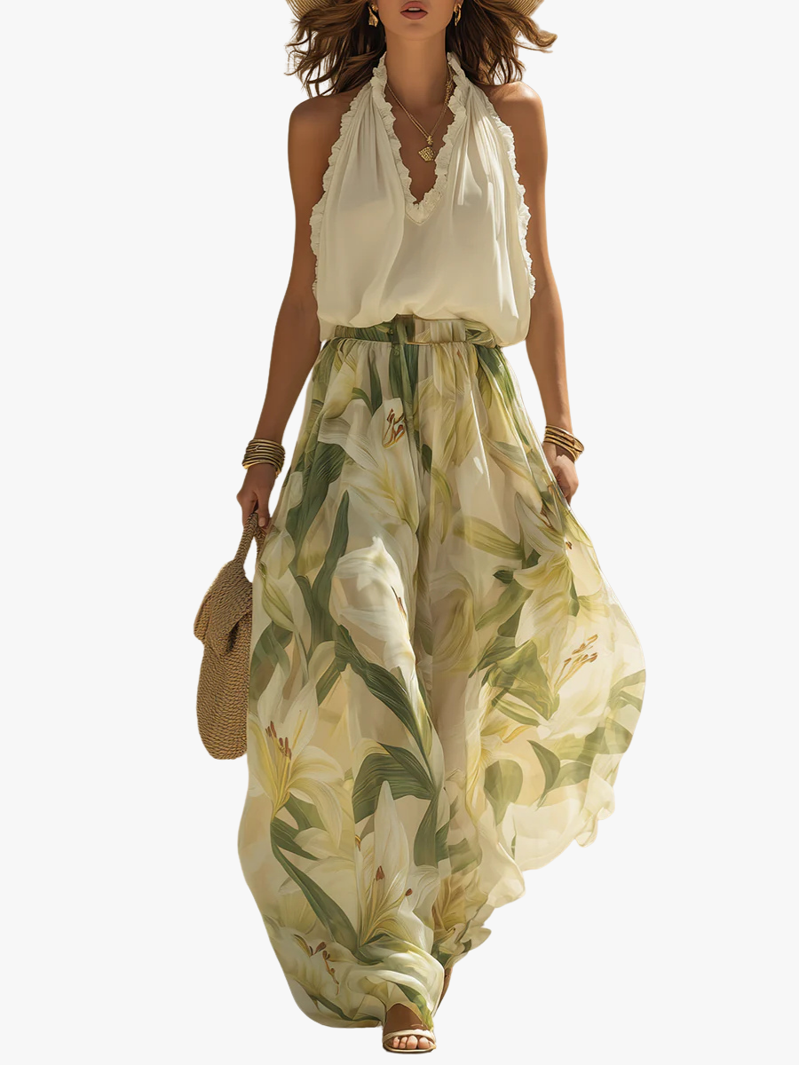 Conjunto de dos piezas floral para mujer con top halter y falda maxi