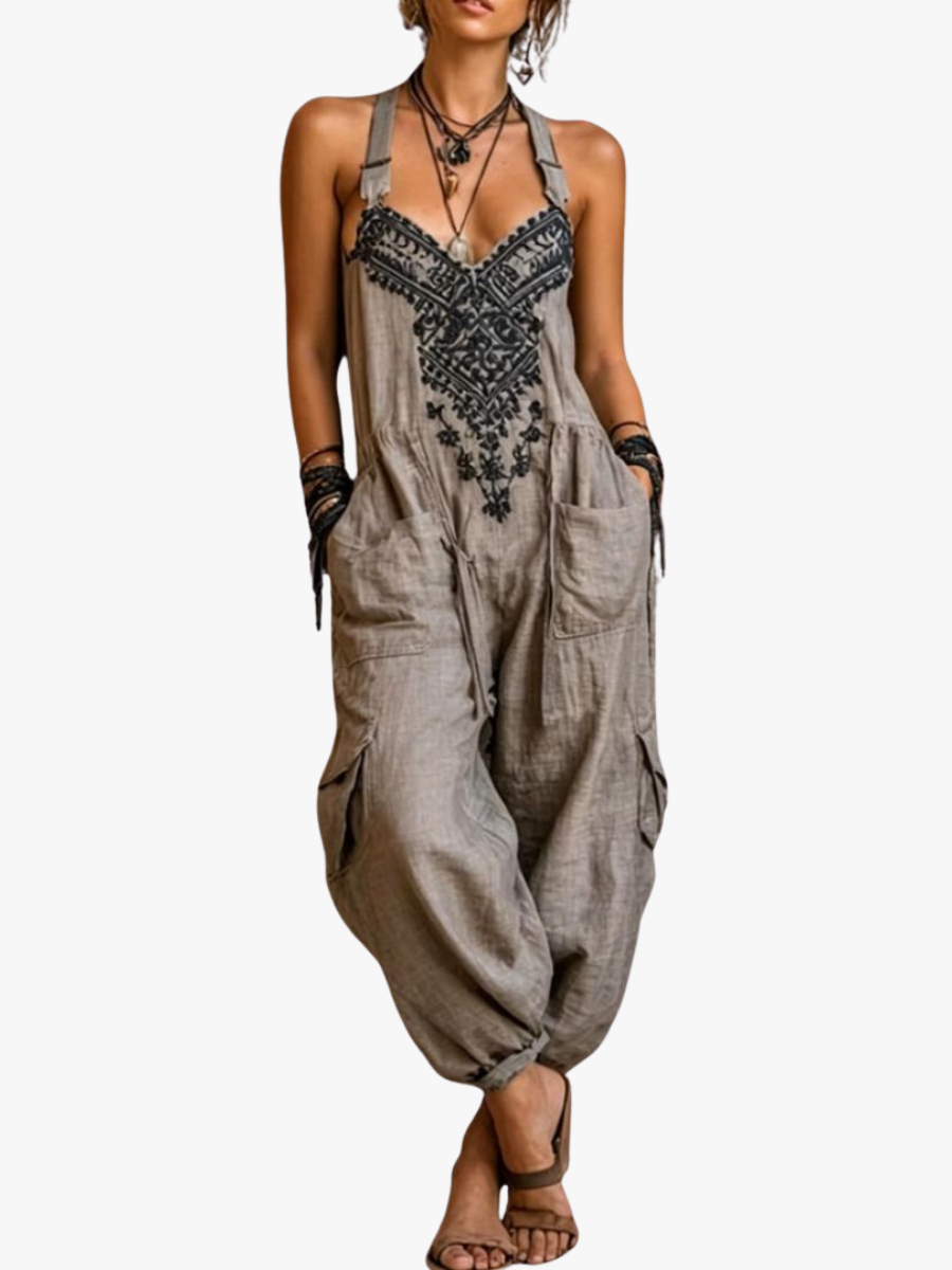 Damen Boho bestickter Harem-Jumpsuit mit verstellbaren Schulterriemen