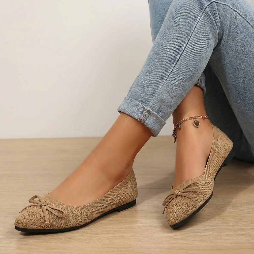Dame strikkede balletsko med sløjfedetalje og komfortabel slip-on  