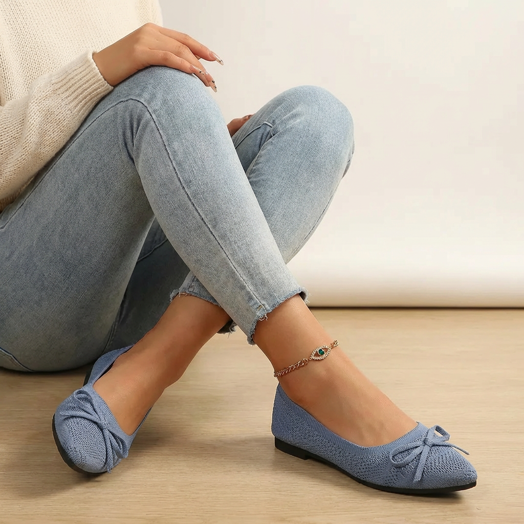 Dame strikkede balletsko med sløjfedetalje og komfortabel slip-on  