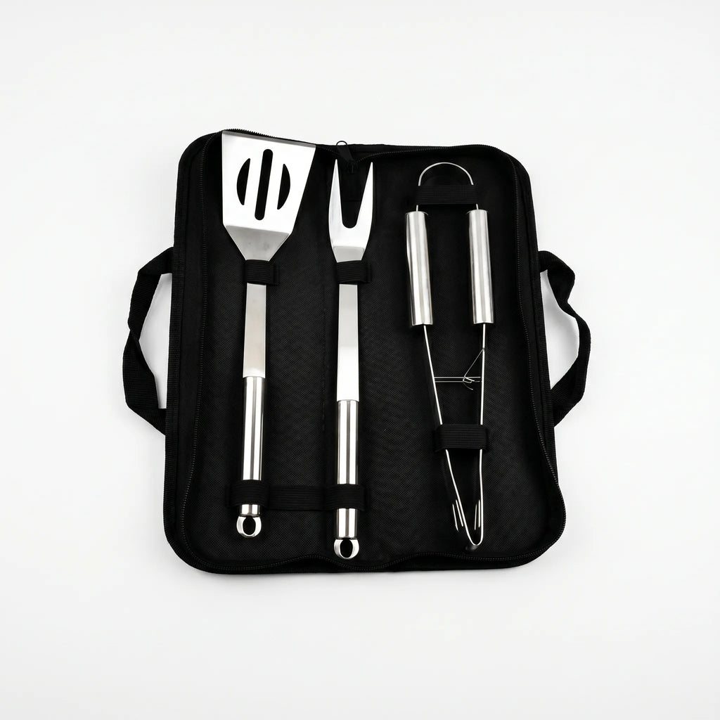 Set de 3 herramientas de acero inoxidable para barbacoa con bolsa de transporte