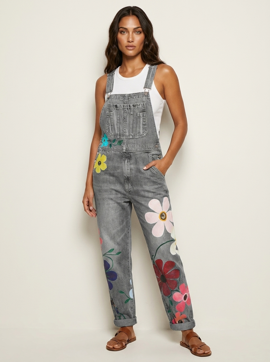 Dame denim-overalls med blomsterbroderi og justerbare skulderstropper  