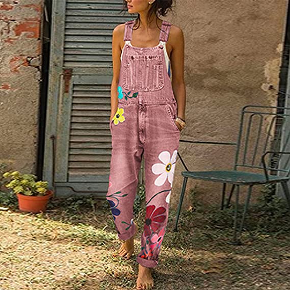 Dame denim-overalls med blomsterbroderi og justerbare skulderstropper  