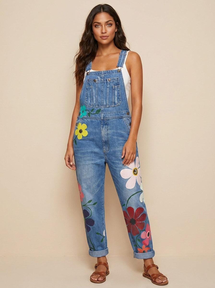 Dame denim-overalls med blomsterbroderi og justerbare skulderstropper  