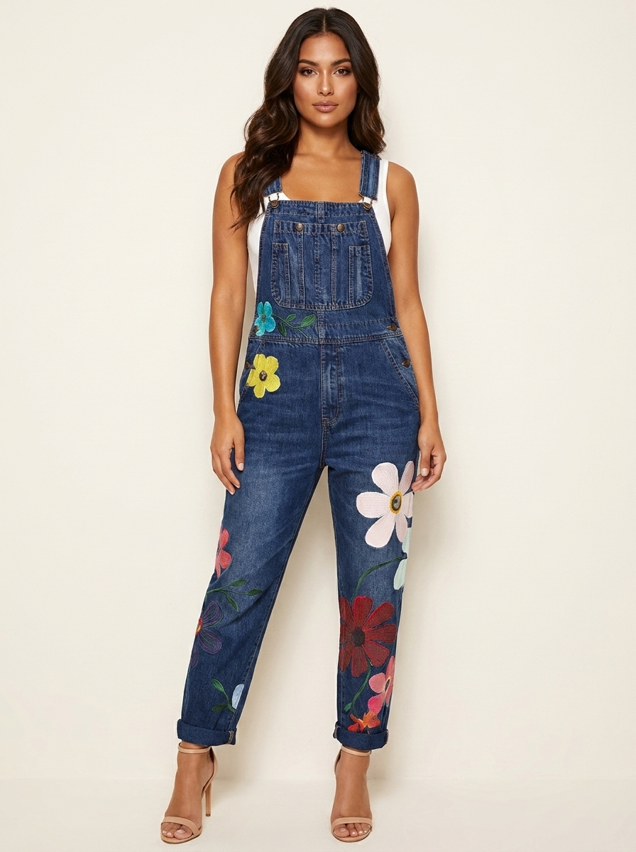 Dame denim-overalls med blomsterbroderi og justerbare skulderstropper  