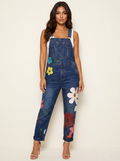 Dame denim-overalls med blomsterbroderi og justerbare skulderstropper  