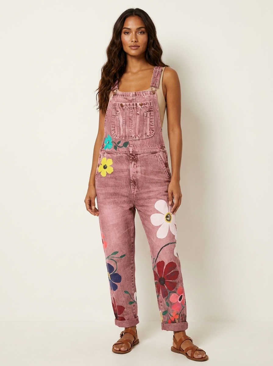 Dame denim-overalls med blomsterbroderi og justerbare skulderstropper  