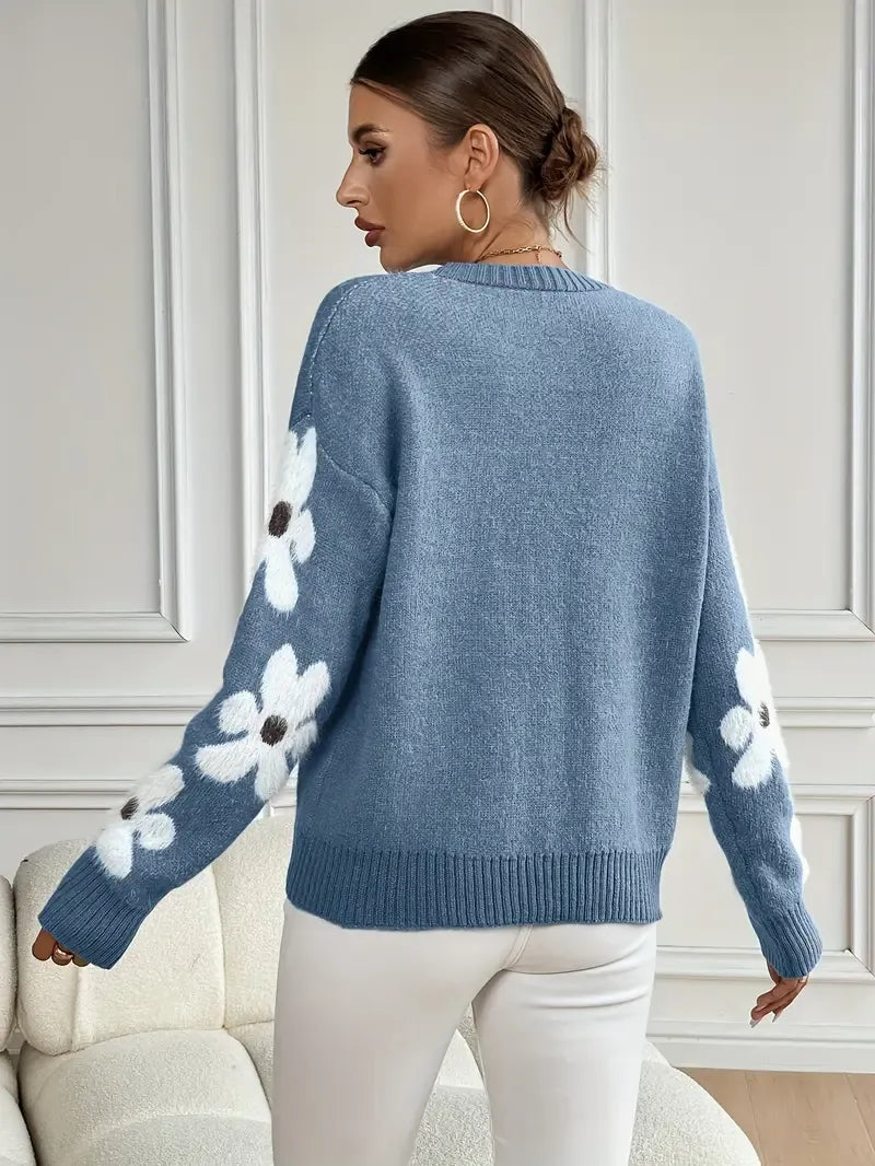 Damernas stickade tröja med crewneck och prästkrage-ärmar