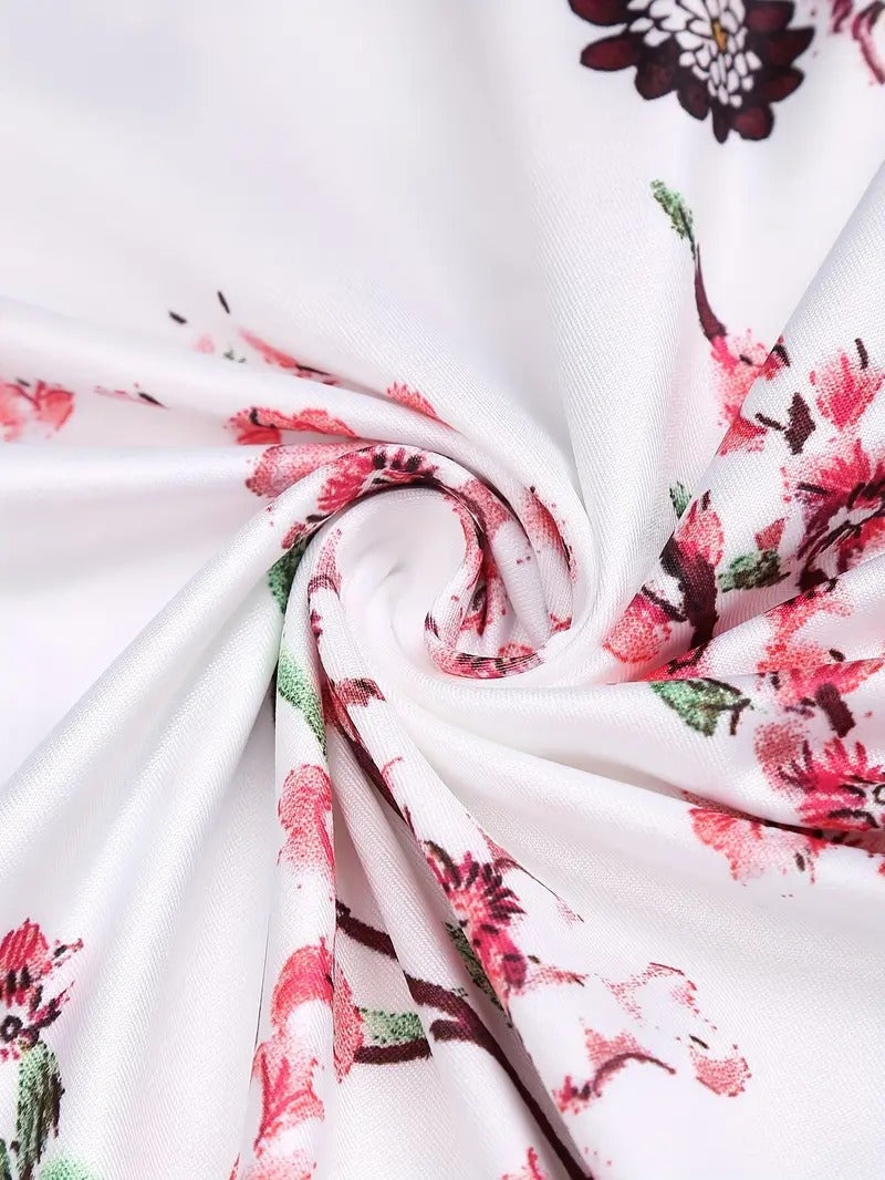 Abito midi da donna con maniche lunghe, stampa floreale, effetto incrociato falso e cintura in vita