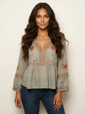 Blusa peplum bohemia para mujer con bordado y escote en V de manga larga