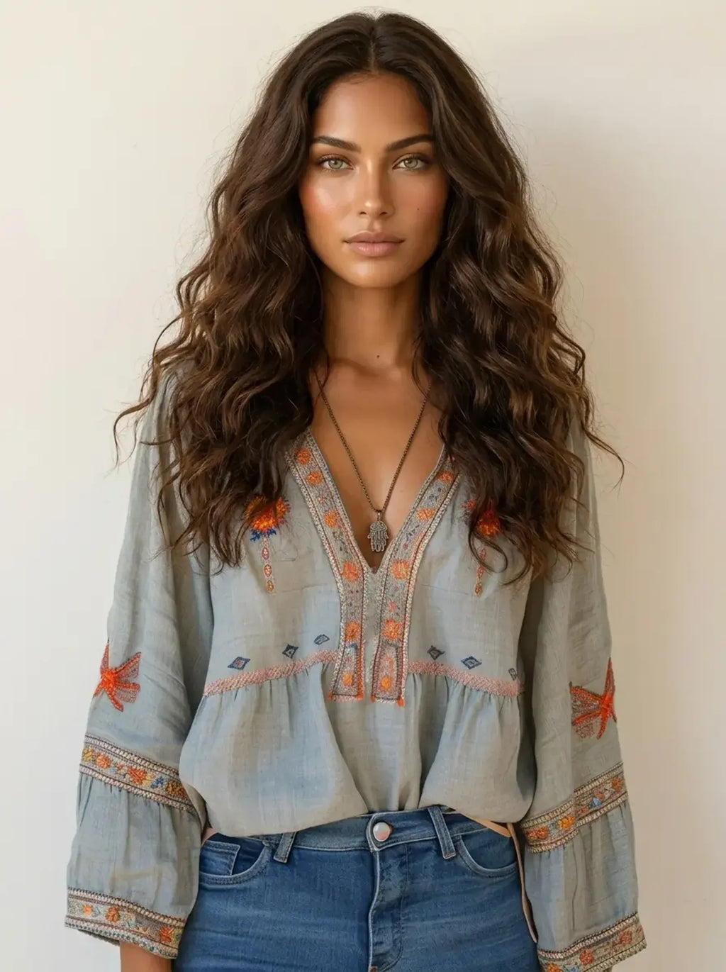 Blusa peplum bohemia para mujer con bordado y escote en V de manga larga