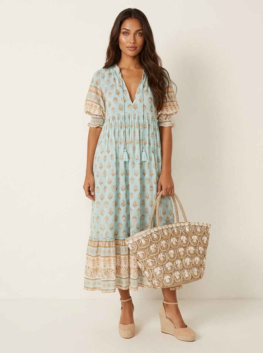 Vestido maxi bohemio para mujer con estampado, lazo con borlas, escote en V y mangas fruncidas