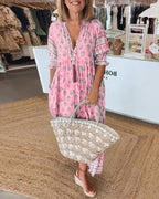 Vestido maxi bohemio para mujer con estampado, lazo con borlas, escote en V y mangas fruncidas