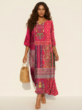 Abito lungo da donna bohemien con stampa patchwork, maniche a tre quarti e vestibilità rilassata