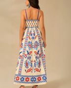 Damska boho sukienka maxi bez rękawów z kwiatowym nadrukiem i cienkimi ramiączkami