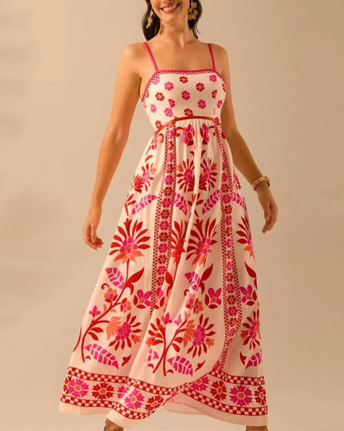 Robe longue bohème à imprimé floral pour femme, sans manches et à fines bretelles spaghetti