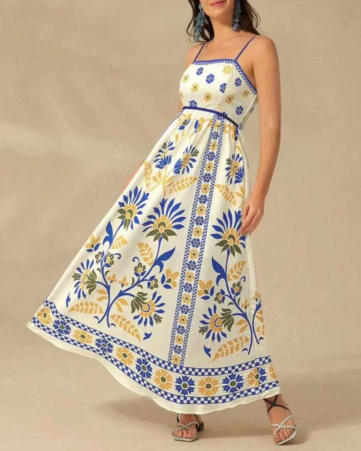Robe longue bohème à imprimé floral pour femme, sans manches et à fines bretelles spaghetti