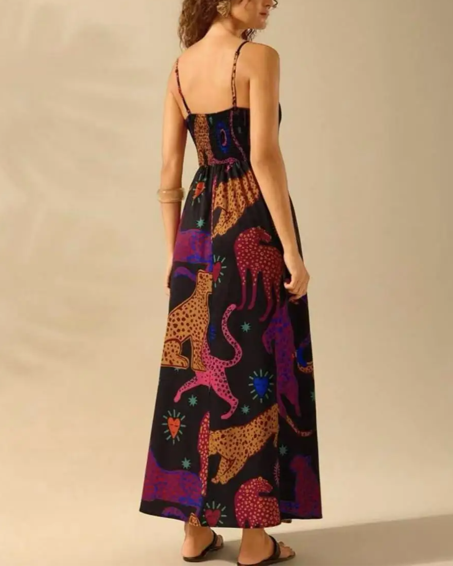 Robe longue bohème à imprimé floral pour femme, sans manches et à fines bretelles spaghetti