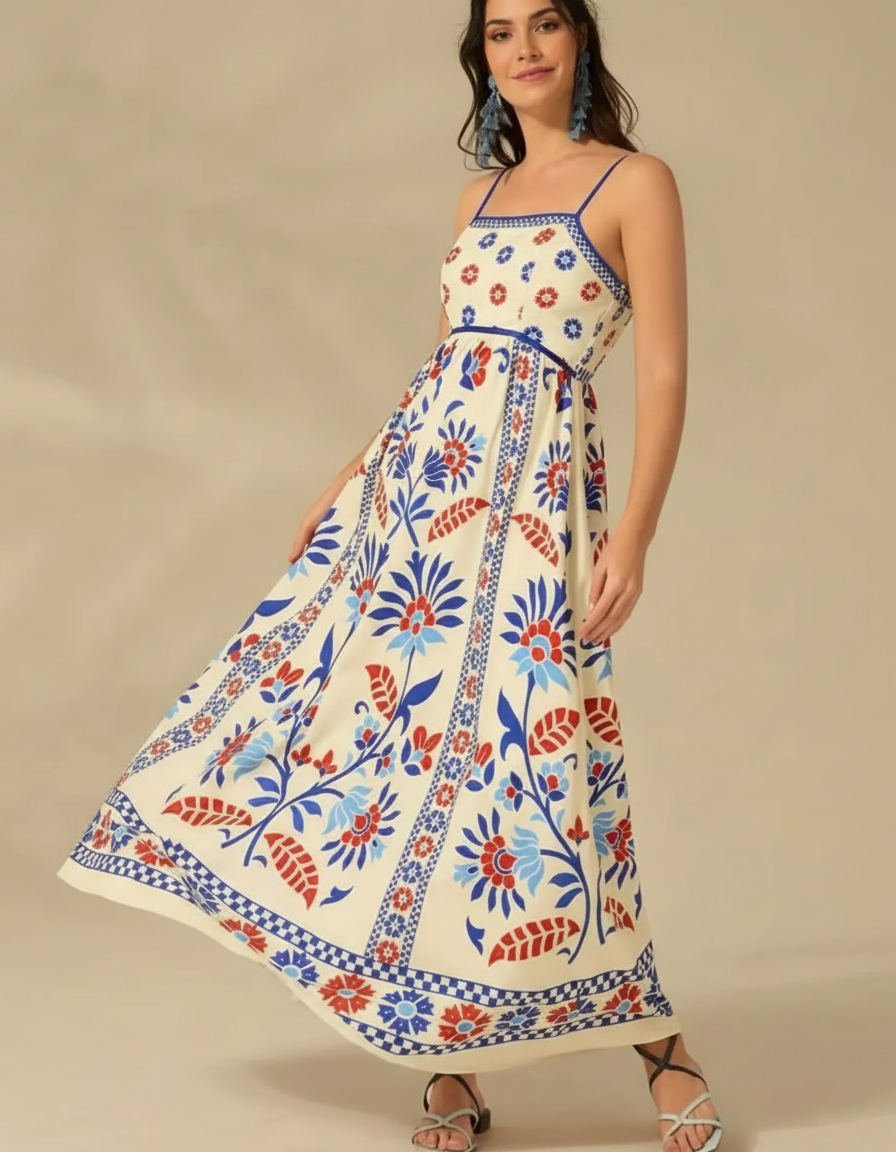 Robe longue bohème à imprimé floral pour femme, sans manches et à fines bretelles spaghetti